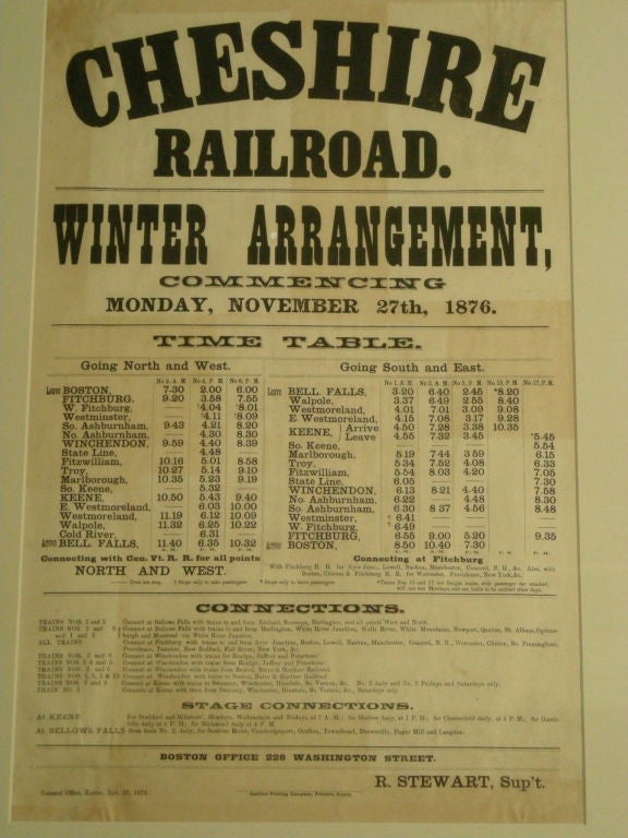 American 19TH C NEW ENGLAND TRAIN SCHEDULE