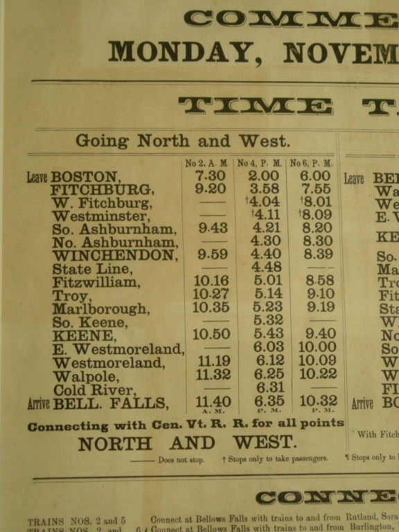 19th Century 19TH C NEW ENGLAND TRAIN SCHEDULE