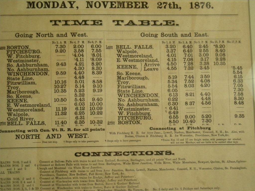 19TH C NEW ENGLAND TRAIN SCHEDULE 1