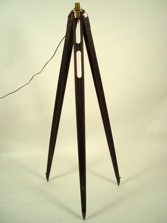 American OAK AND BRASS MOUNTED SURVEYOR'S TRIPOD LAMP WITH PLUMB BOB