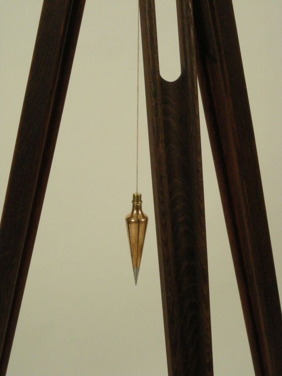 20th Century OAK AND BRASS MOUNTED SURVEYOR'S TRIPOD LAMP WITH PLUMB BOB