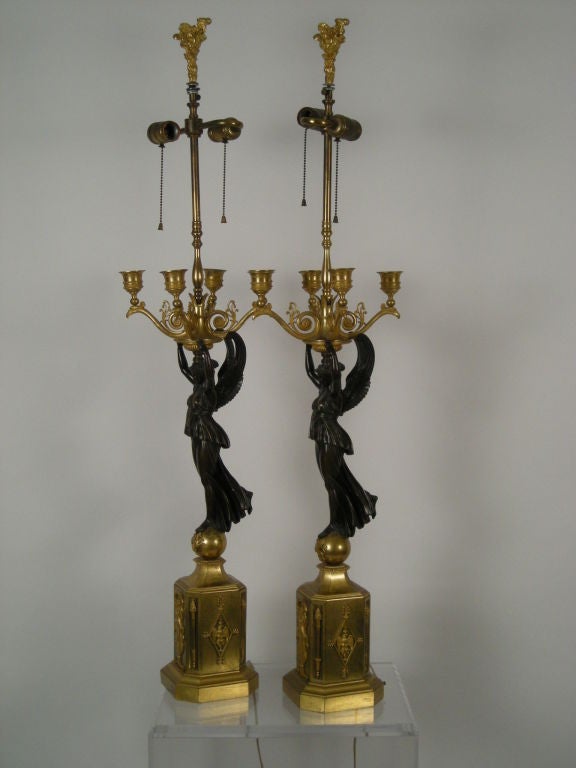 PAIR OF EMPIRE PERIOD PARCEL GILT BRONZE CANDELABRA/LAMPS