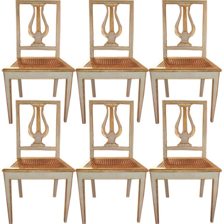 Set of six paint & gilt lyre back side chairs