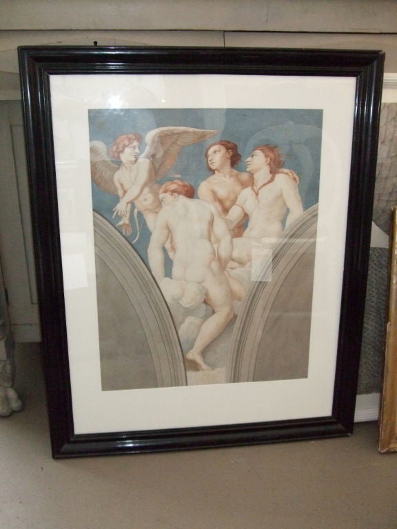 19th Century Watercolor Ceiling Study in Ebonizied Frame For Sale 1