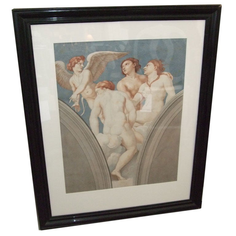 19th Century Watercolor Ceiling Study in Ebonizied Frame For Sale