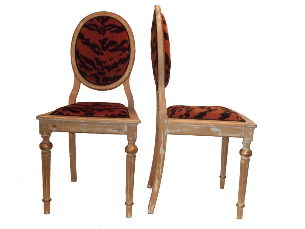 Pair of Mid-Century Louis XVI style chairs in tiger velvet, France, circa 1940.