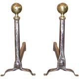 Pair of 18th C andirons with brass ball finials