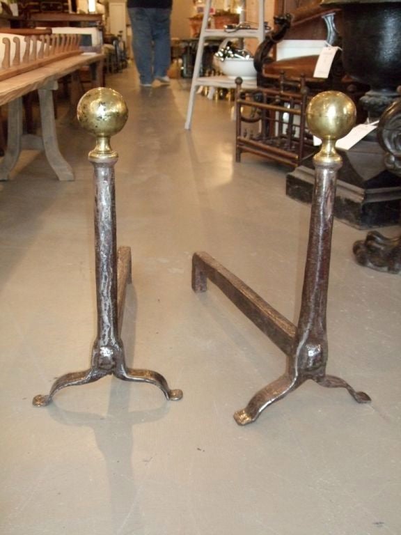Pair of 18th C andirons with brass ball finials
