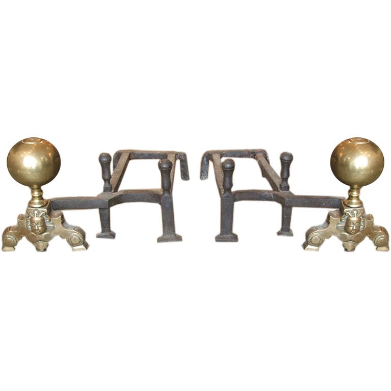19th Century Pair of Double-Arm Andirons