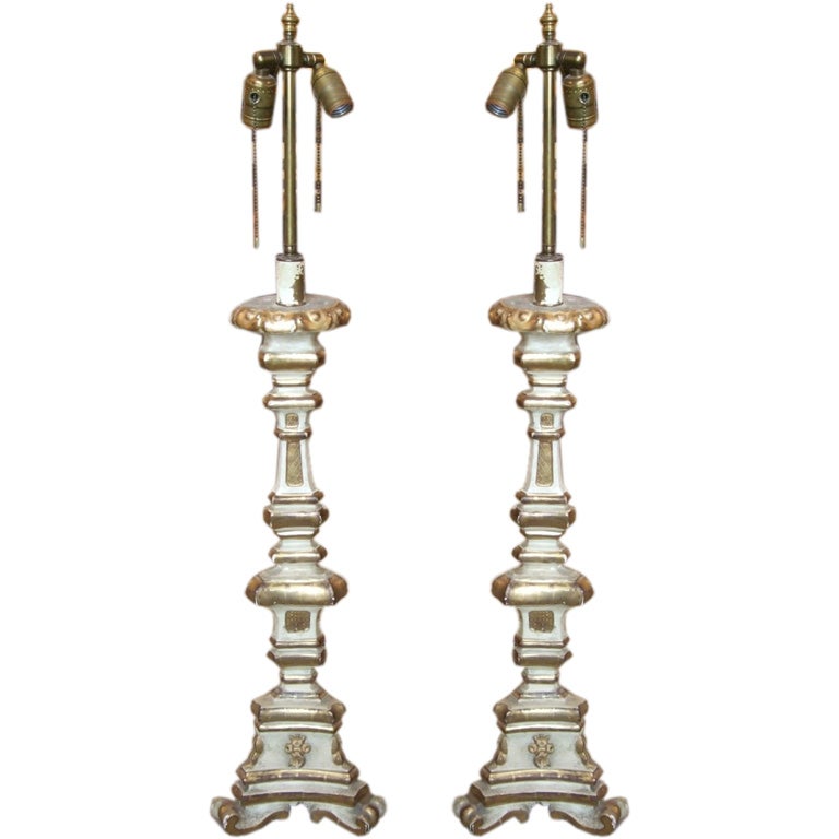 Pair of Early 19th Century Paint and Gilt Candlestick Lamps For Sale