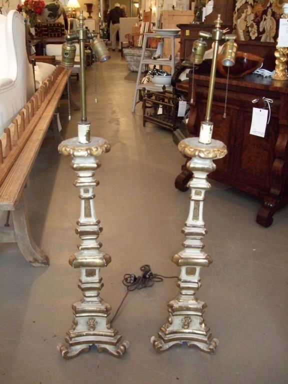Pair of Early 19th Century Paint and Gilt Candlestick Lamps In Excellent Condition For Sale In Boston, MA