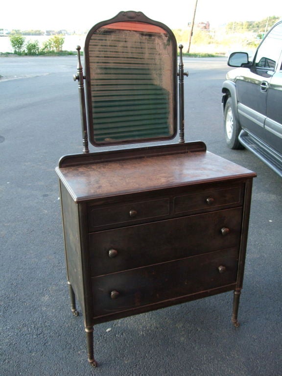 Early to mid 20th C metal chest with optional mirror and nice patina. <br />
Mirror: 23 w