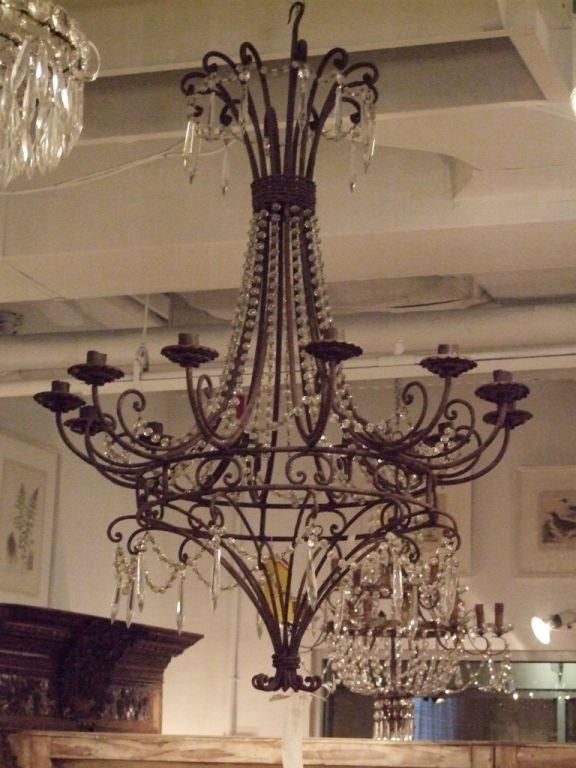 Pair of Vintage Iron and Crystal Chandeliers In Excellent Condition For Sale In Boston, MA
