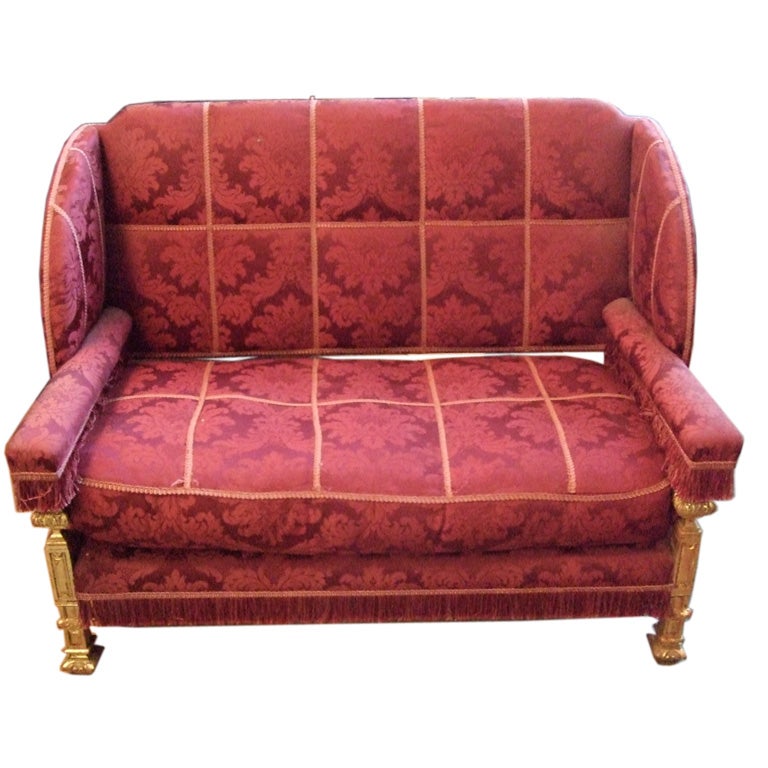 19th Century Gilt Settee with Red Damask Silk For Sale