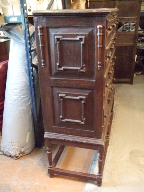 William & Mary 8-drawer chest on turned leg stand.  Carved panels on sides and drawer fronts, dovetail joinery on all drawers.