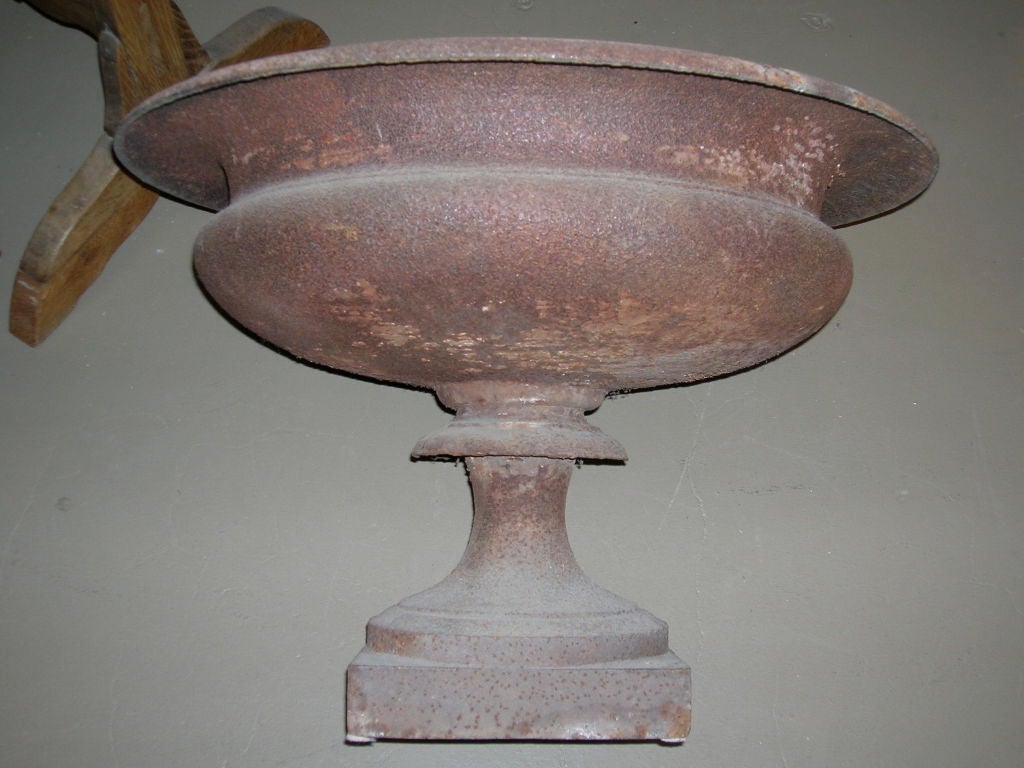 Large-scale 19th century French cast iron urn on footed base.