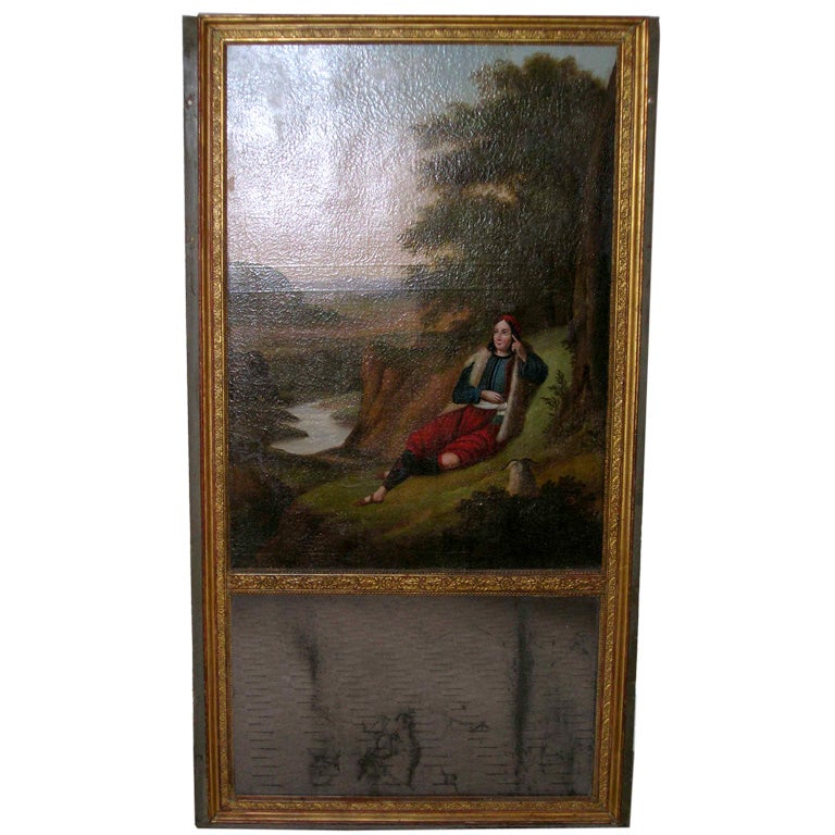 19th Century Trumeau Oil Painting with Mirror For Sale