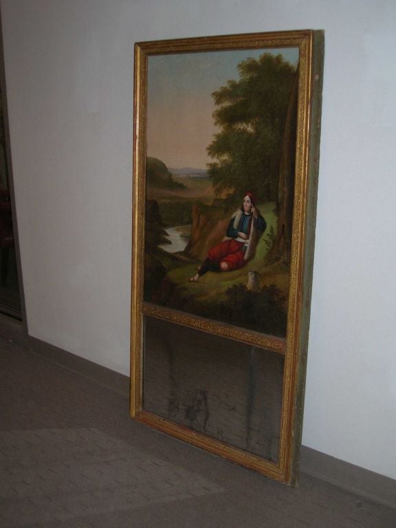 A wonderful mid-19th century trumeau mirror with an oil on canvas panel of French Nobleman. Original glass.