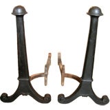 Pair of andirons with scrolled feet & mushroom shaped tops