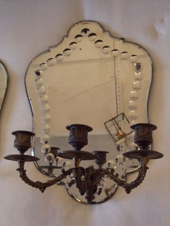 French Pair of 3 arm Venetian mirrored sconces
