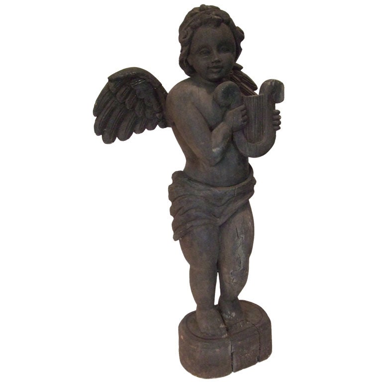 19th Century Carved Angel with Lyre For Sale
