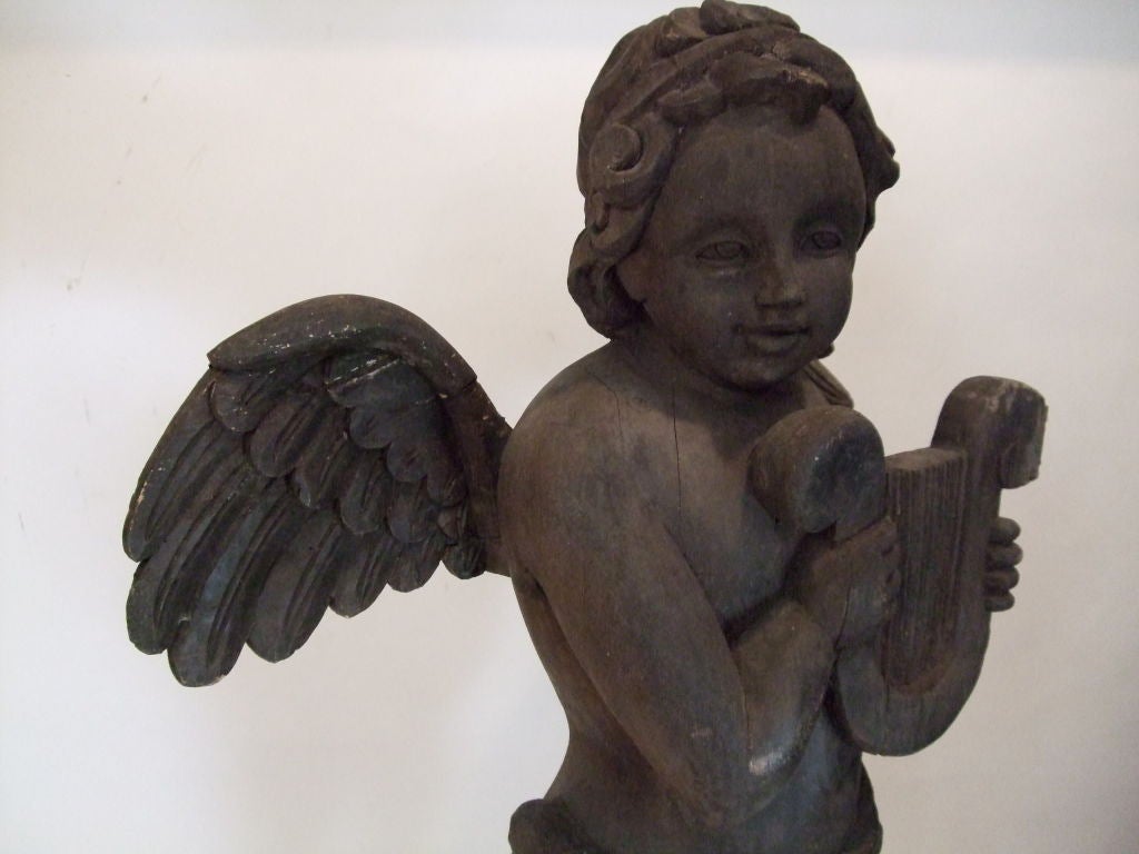French 19th Century Carved Angel with Lyre For Sale