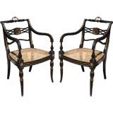 Pair Regency style Ebonized and Brass Armchairs