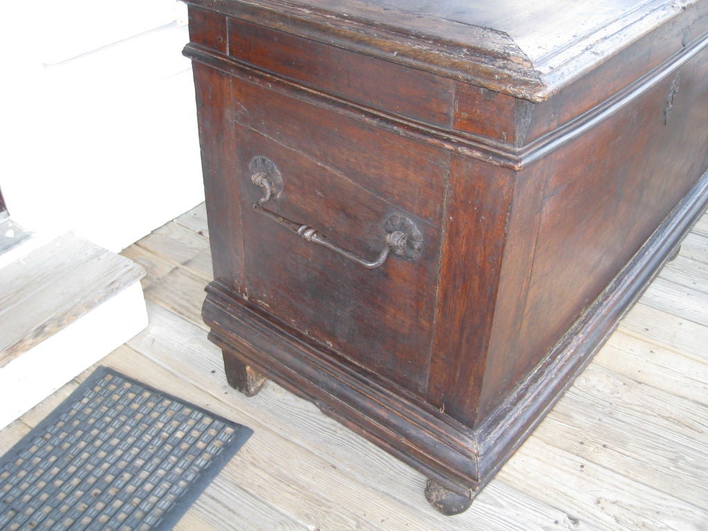 Rectangular moulded hinged top opening to a compartment with till, circular legs, sides with iron handles.  Nice old color. Provenance: Estate of Paul Manship.