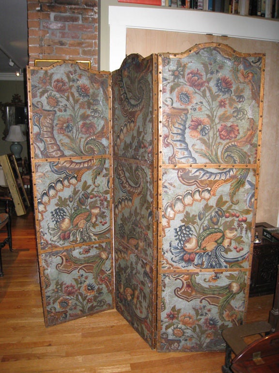Flemish Painted Leather Three Panel Screen