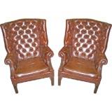 Pair of Tufted Leather Wing Chairs