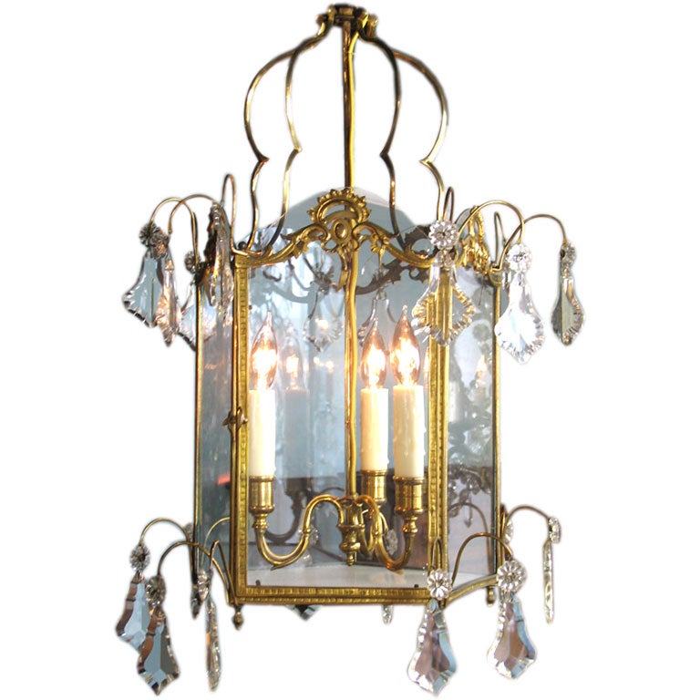 French Gilt Bronze Lantern with Crystals