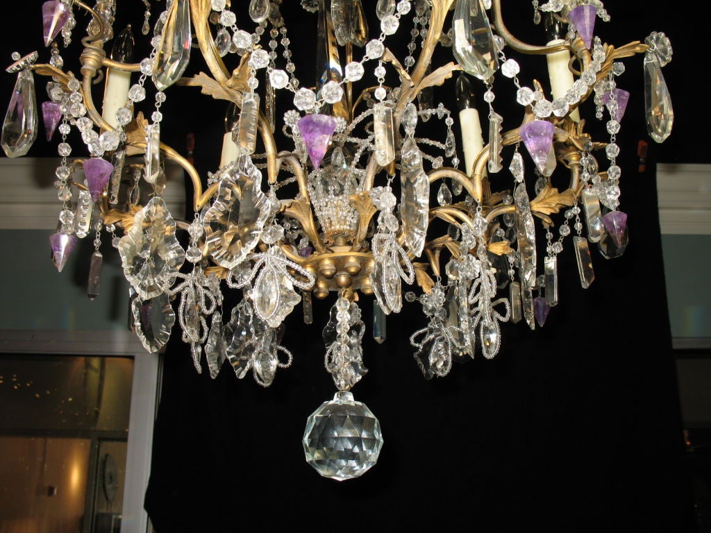 Gilt French Crystal Chandelier with Amethyst Drops For Sale