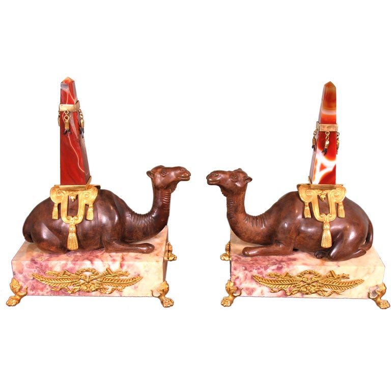 Pair of Bronze Camels with Obelisks