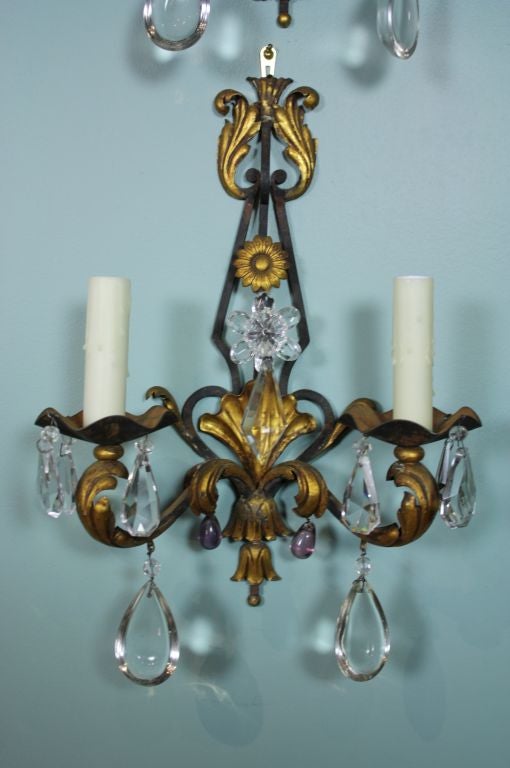 Mid-20th Century Pair French Iron and Crystal Sconces