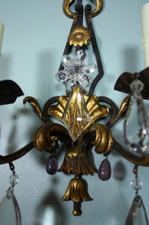Tôle Pair French Iron and Crystal Sconces