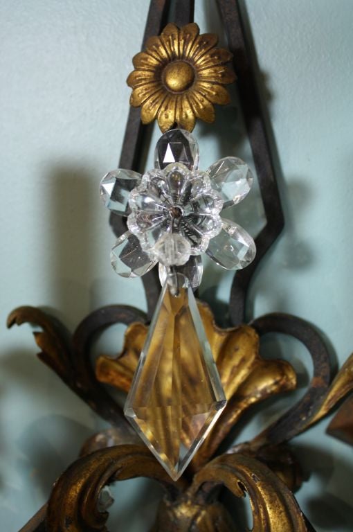 Pair French Iron and Crystal Sconces 1