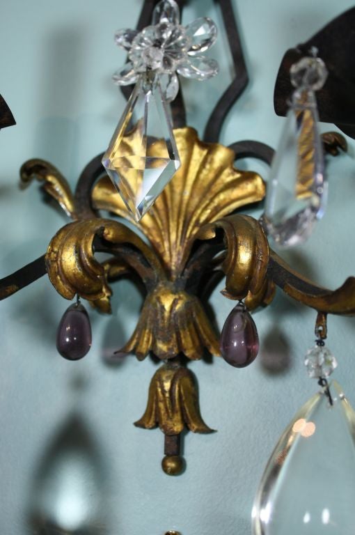 Pair French Iron and Crystal Sconces 4