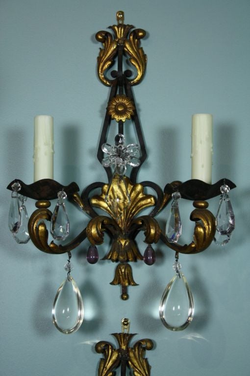 Pair French Iron and Crystal Sconces 3