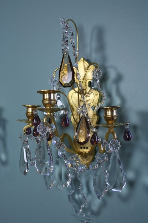 19th Century Pair of French Gilt-Bronze and Colored Crystal Sconces