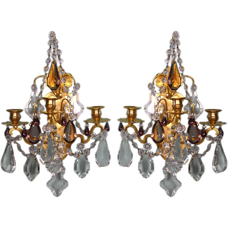 Pair of French Gilt-Bronze and Colored Crystal Sconces