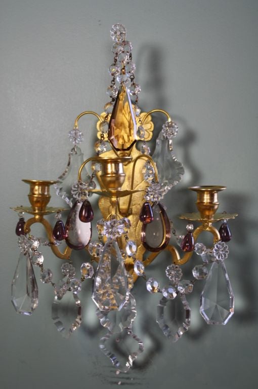 Ormolu Pair of French Gilt-Bronze and Colored Crystal Sconces