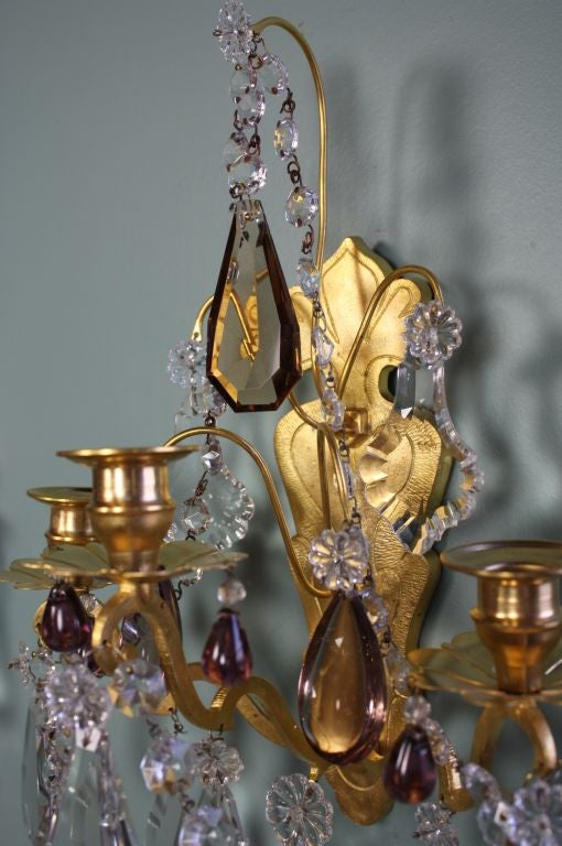 Pair of French Gilt-Bronze and Colored Crystal Sconces 2