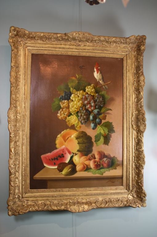Italian oil painting of still-life with woodpecker and fruit in beautiful carved giltwood frame.  Signed by the artist, Francesco Malacrea.  Malacrea was born in Trieste, Italy in 1812, and died there in 1886. He attended the Academie de Venise and
