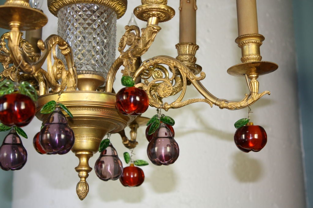 Charles X French Gilt Bronze and Crystal Chandelier with Colored Fruit For Sale