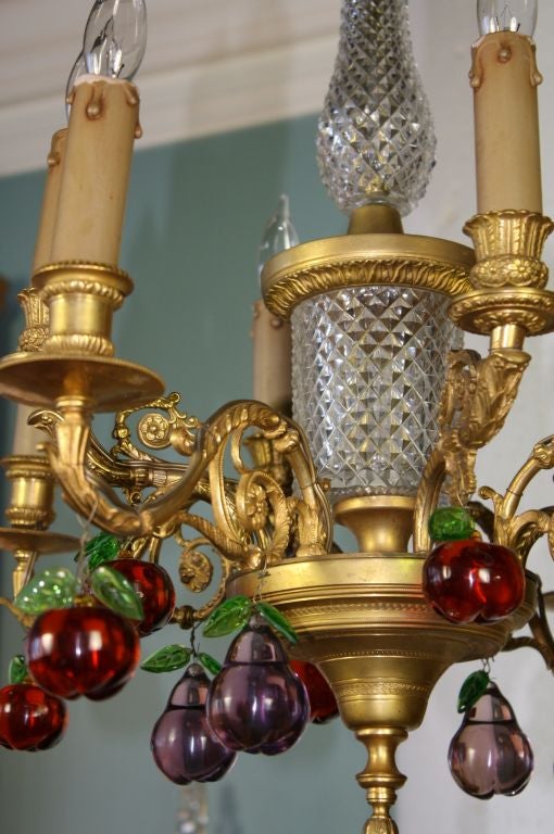 French Gilt Bronze and Crystal Chandelier with Colored Fruit In Good Condition For Sale In Pembroke, MA