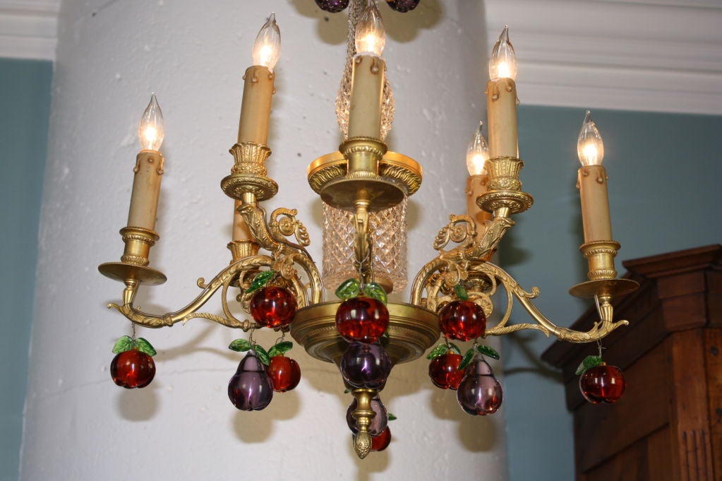 French Gilt Bronze and Crystal Chandelier with Colored Fruit For Sale 2