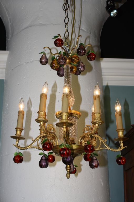 Cut Glass French Gilt Bronze and Crystal Chandelier with Colored Fruit For Sale