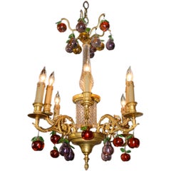 French Gilt Bronze and Crystal Chandelier with Colored Fruit