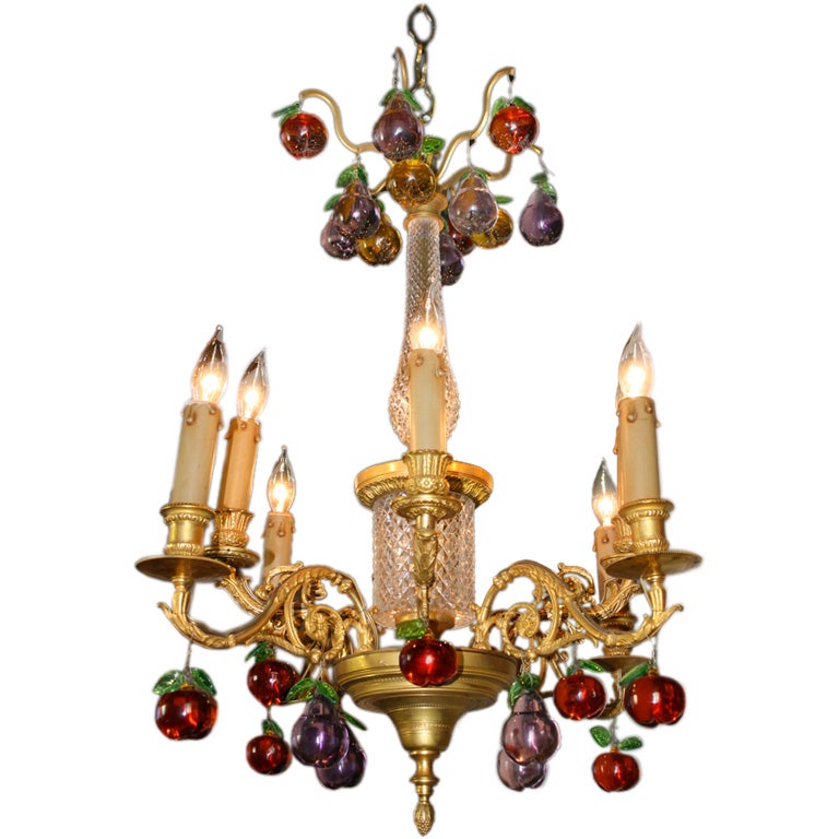 French Gilt Bronze and Crystal Chandelier with Colored Fruit For Sale