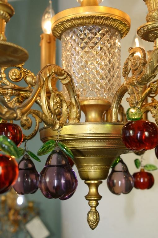 19th Century French Gilt Bronze and Crystal Chandelier with Colored Fruit For Sale